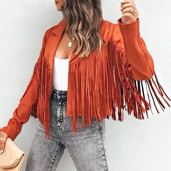 Orange Boho Tassel faux suede women fringe jacket long sleeve jacket - Picture 2 of 11